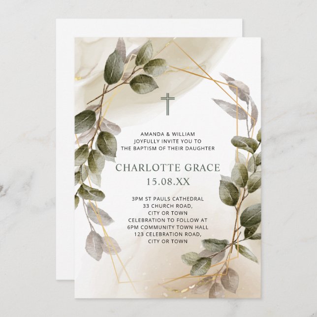 Blush Green & Gold Frame Botanical Baptism Invitation (Front/Back)