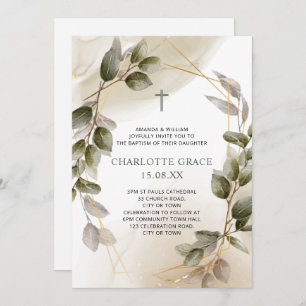 Blush Green & Gold Frame Botanical Baptism Invitation