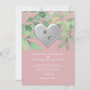 Blush Green Monogram Heart Wedding Invite