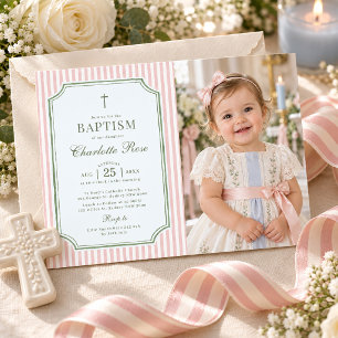 Blush Green Stripe Girl Baptism Christening Photo Invitation