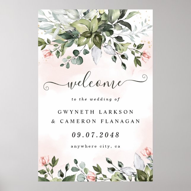 Blush Greenery Dusty Blue Wedding Welcome Sign XL (Front)