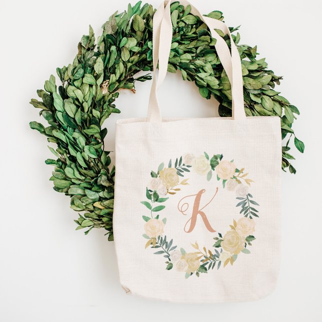 Blush Greenery Floral Wreath Monogram Name Tote Bag (Creator Uploaded)