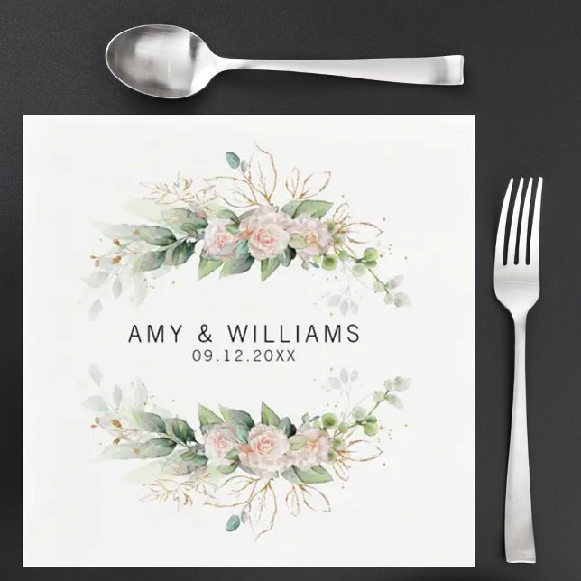 Blush Greenery Watercolor Personalised Wedding  Napkin (Creator Uploaded)