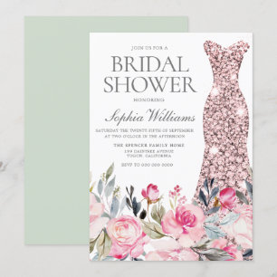 Blush & Greenery Wedding Dress Gown Bridal Shower Invitation