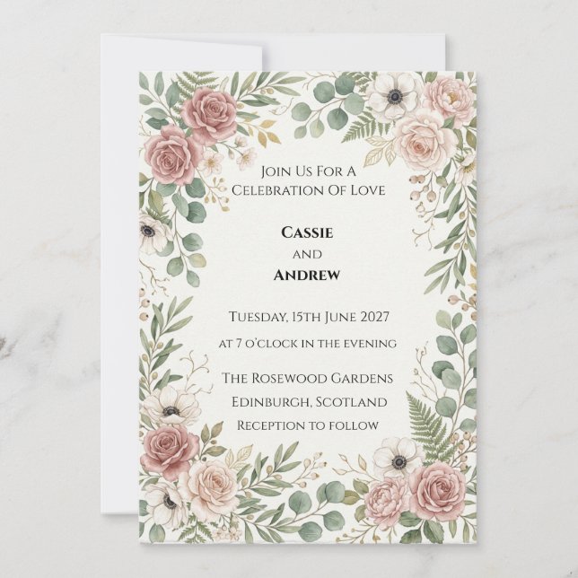 Blush Greenery Wedding Invitation (Front)