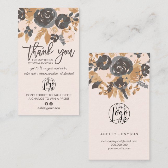Blush grey boho floral script logo order thank you business card (Front/Back)