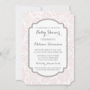 Blush Grey Damask Custom Baby Shower Invitations