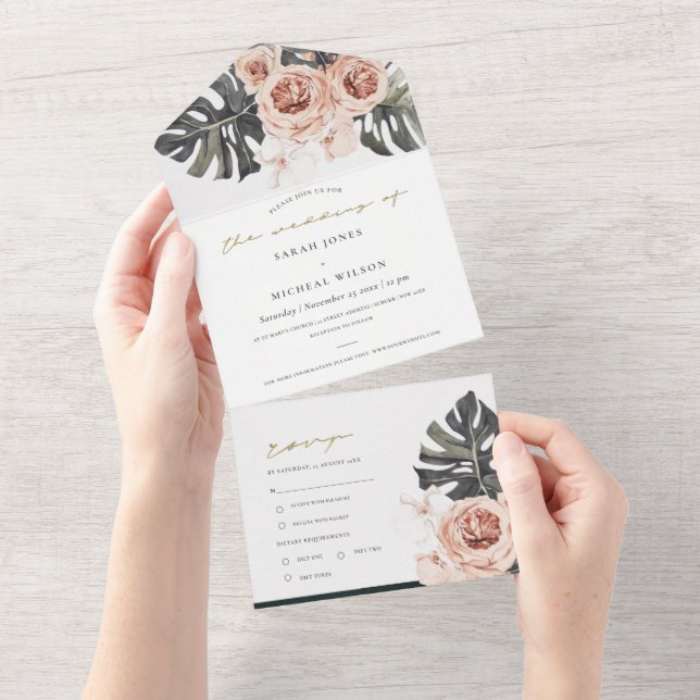 BLUSH GREY FLORAL WREATH MONSTRERA LEAF WEDDING AL ALL IN ONE INVITATION (Tearaway)