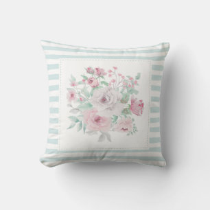 Blush Grey Mint Stripe Posie Throw Pillow
