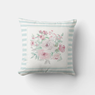 Blush Grey Mint Stripe Posie Throw Pillow