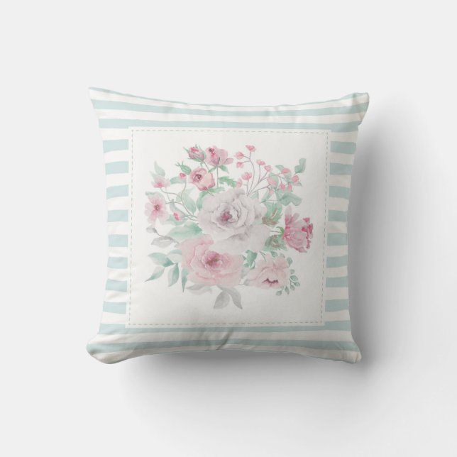 Blush Grey Mint Stripe Posie Throw Pillow (Front)