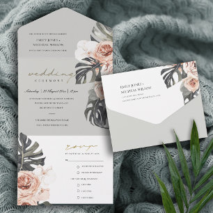 BLUSH GREY PEACH FLORAL MONSTRERA LEAF WEDDING ALL IN ONE INVITATION
