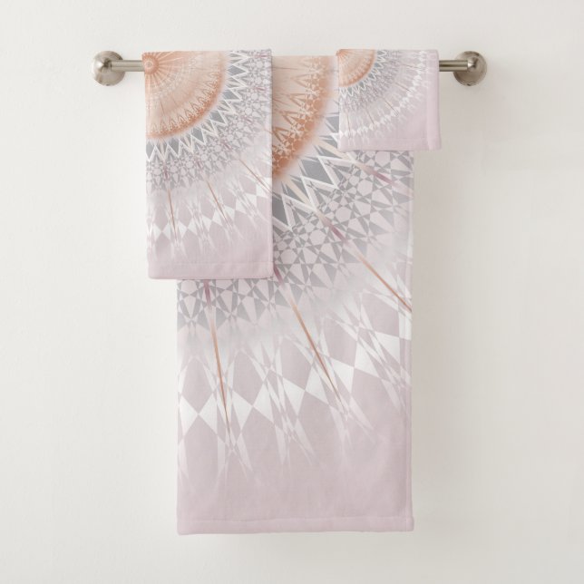Blush Grey White Rose Gold Mandala Bath Towel Set (Insitu)