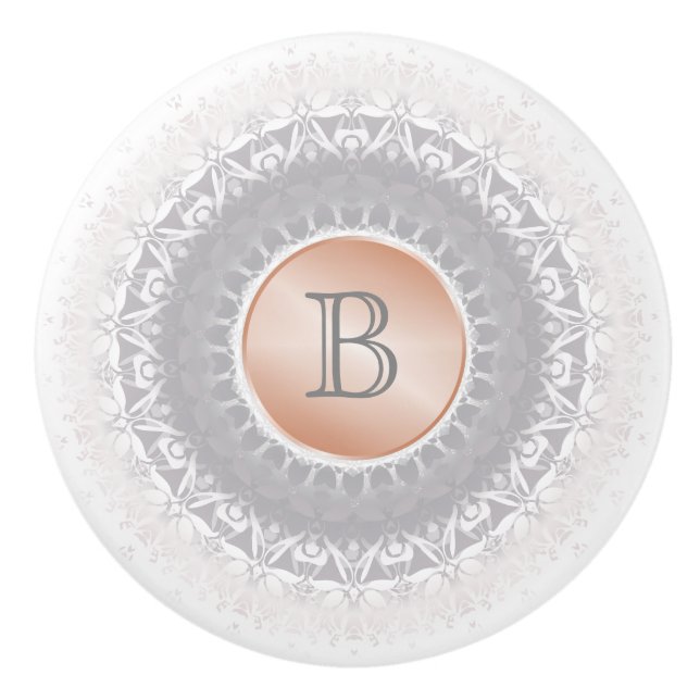 Blush Grey White Rose Gold Mandala Monogram Ceramic Knob (Front)