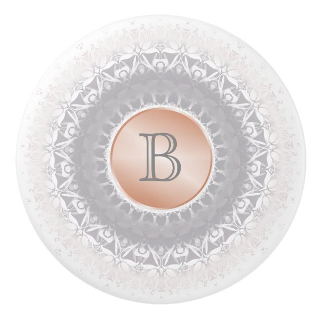 Blush Grey White Rose Gold Mandala Monogram Ceramic Knob (Front)