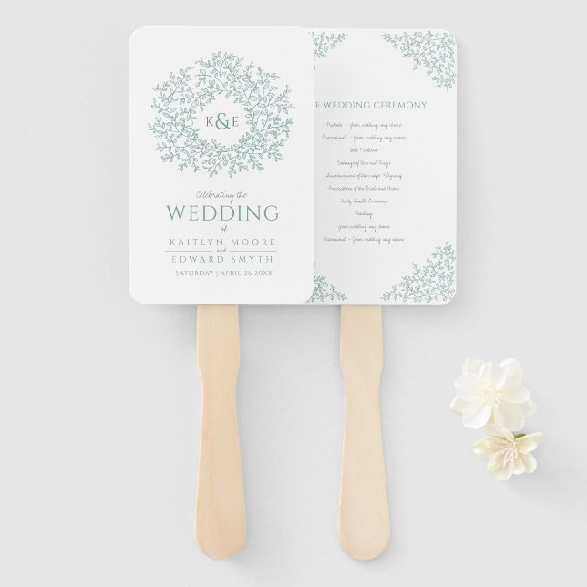 Blush hand drawn leaf monogram art wedding program fan (Front and Back)