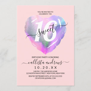Blush Holographic Foil Heart Balloon Sweet 16 Invitation