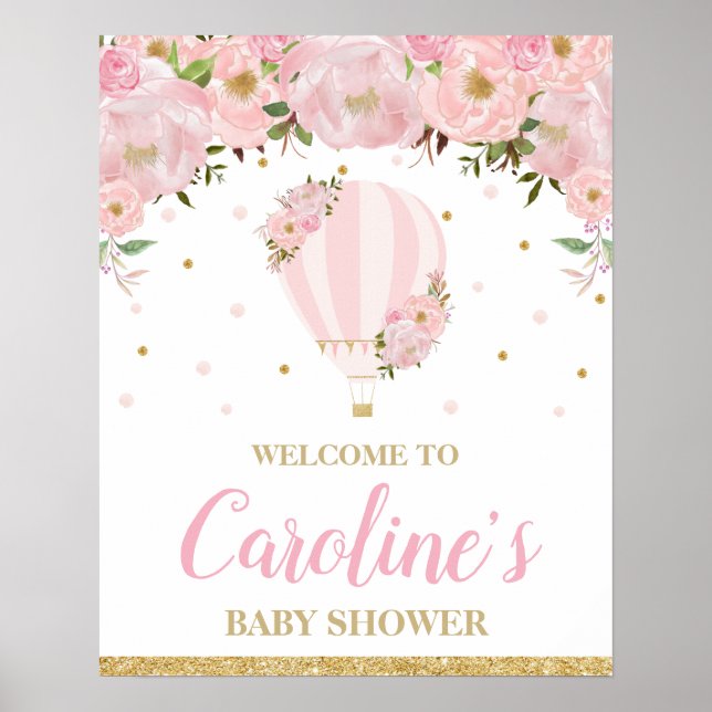 Blush Hot Air Balloon Baby Shower Girl Welcome Poster (Front)