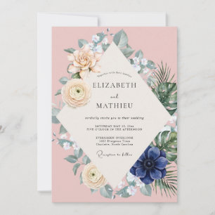 Blush Indigo Tropical Eucalyptus Wedding Invitation