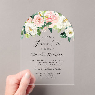 Blush Ivory Elegant Floral Arch Sweet Sixteen  Acrylic Invitations
