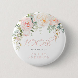 Blush & Ivory Floral 100th Birthday Party 6 Cm Round Badge