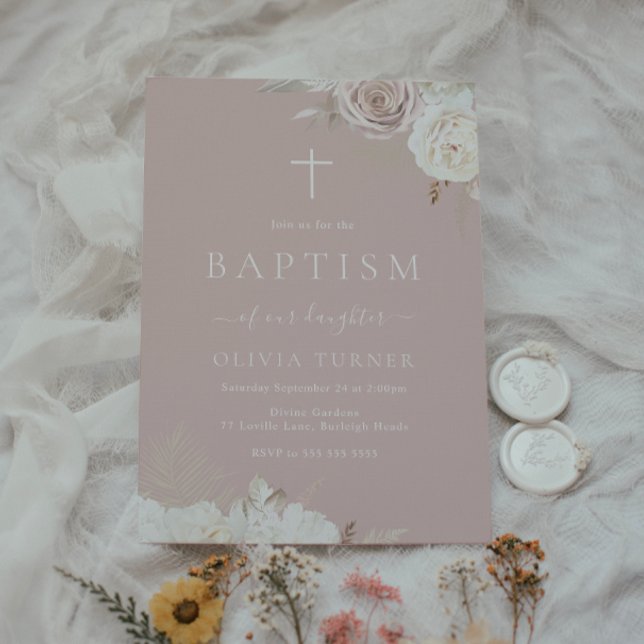 Blush & Ivory Floral Dusty Pink Baptism Invitation (Creator Uploaded)