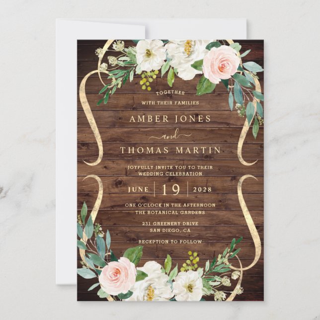 Blush Ivory Floral Pretty Rustic Wood Wedding Invitation (Front)