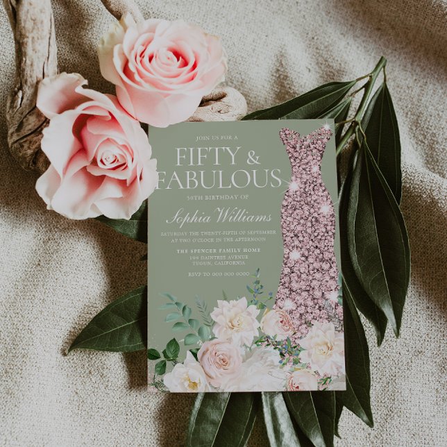 Blush Ivory Floral Sage Rose Gold 50th Birthday Invitation (Creator Uploaded)