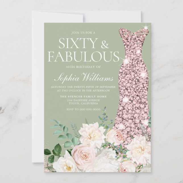 Blush Ivory Floral Sage Rose Gold 60th Birthday Invitation (Front)