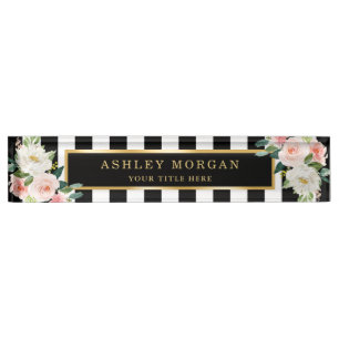 Blush Ivory Floral with Gold Black White Stripes Nameplate