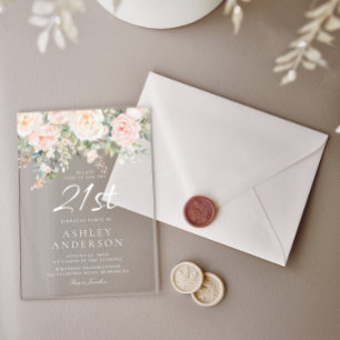 Blush & Ivory Flowers 21st Birthday Party Acrylic Invitations