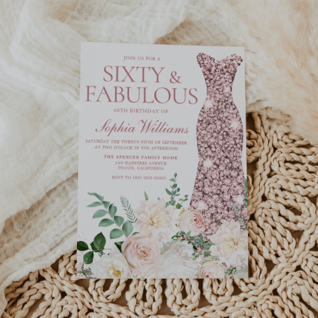 Blush & Ivory Flowers Rose Gold Gown 60th Birthday Invitation (Creator Uploaded)