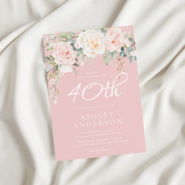 Blush & Ivory Flowers Womans 40th Birthday Party Invitation (Creator Uploaded)