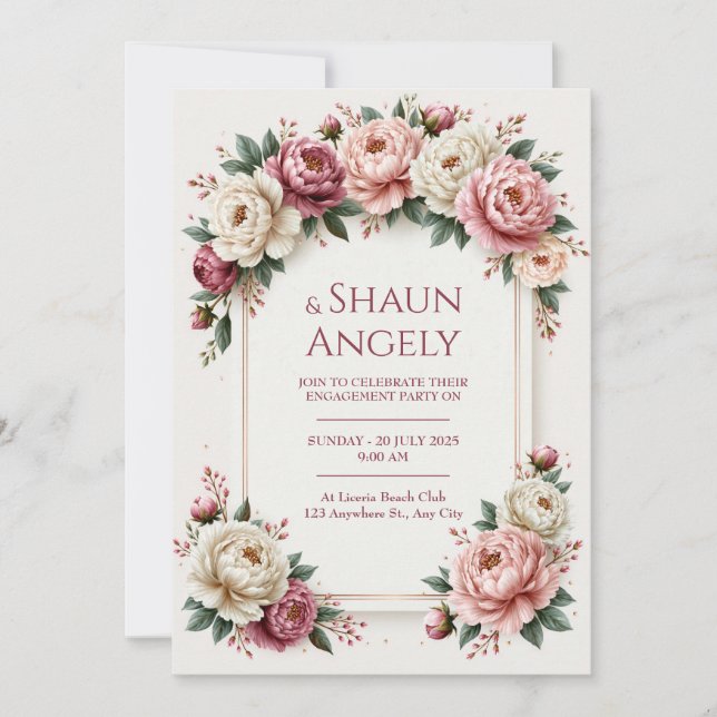 Blush Ivory Peony Rose Gold Frame Wedding Invitation (Front)