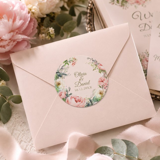 Blush & Ivory Peony Wedding Round Sticker (Blush & Ivory Peony Wedding Round Sticker)
