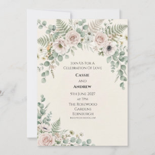 Blush Ivory Rose Eucalyptus Fern Wedding Invitation