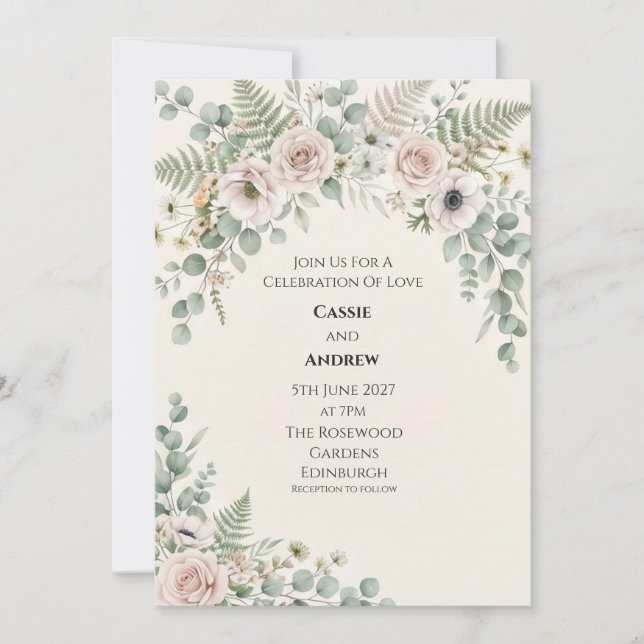 Blush Ivory Rose Eucalyptus Fern Wedding Invitation (Front)