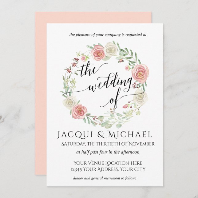 Blush Ivory Roses w Leaf Wreath Wedding Invitation (Front/Back)