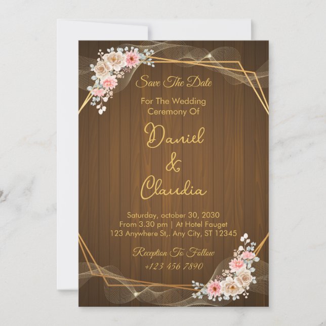 Blush & Ivory Rustic Wedding Invite with Wood Back (Front)