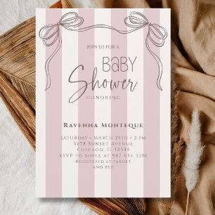 Blush Ivory Stripes Hand Drawn Bow Baby Shower Invitation