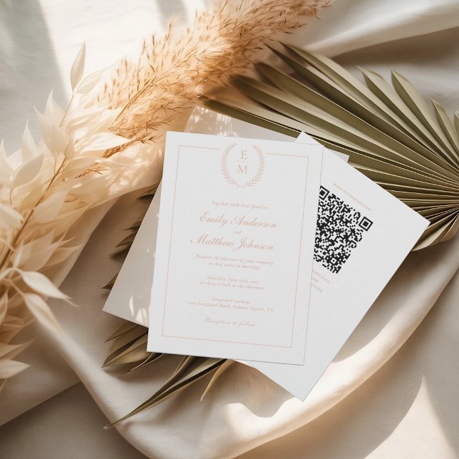 Blush Laurel Monogram Wedding Invitation QR Code (Creator Uploaded)