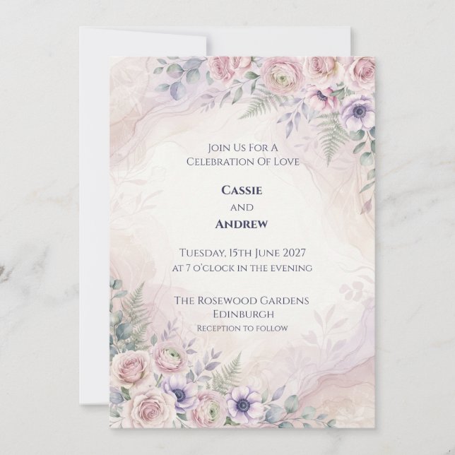 Blush Lavender Watercolor Rose Wedding Invitation (Front)