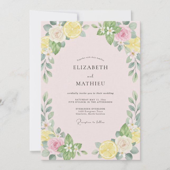 Blush Lemon Citrus Eucalyptus Wedding Invitation (Front)