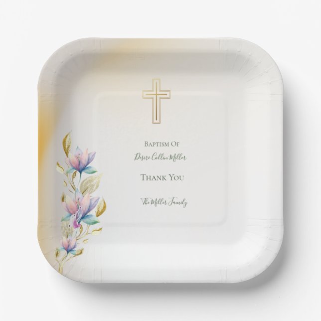 Blush & Lilac Floral ,Gold Cross Baptism plates (Front)
