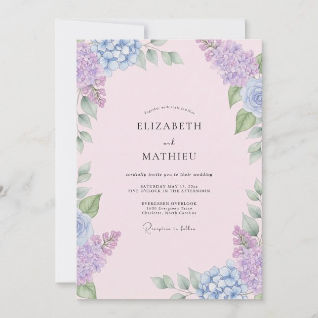 Blush Lilac Hydrangea Eucalyptus Wedding Invitation (Front)