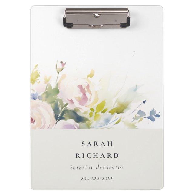 Blush Lilac Watercolor Rose Floral Bunch Business Clipboard (Front)