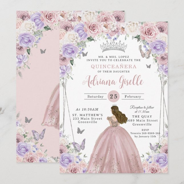 Blush Lilac White Floral Dress Quinceañera XV 16 Invitation (Front/Back)
