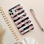 Blush Lip Print Kisses Black & White Stripe Case-Mate iPhone 14 Case<br><div class="desc">Smooch! Chic phone case features a black and white stripe background overlaid with pale blush pink lip print kisses. Use the optional personalisation field to add a name or monogram,  or simply delete. Makes a cute gift for makeup artists or beauty enthusiasts.</div>