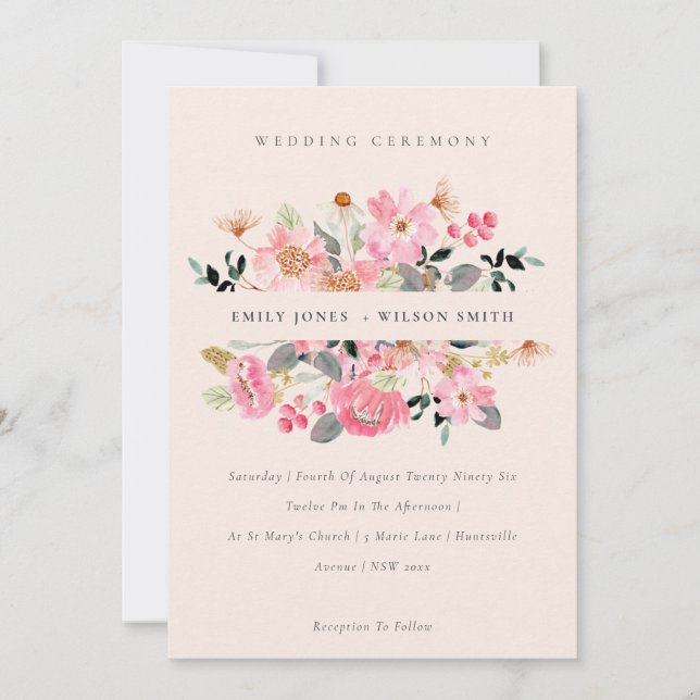 Blush Lively Pink Watercolor Floral Wedding Invite (Front)
