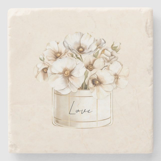 Blush Love Pretty White Flowers Stone Coaster (Front)